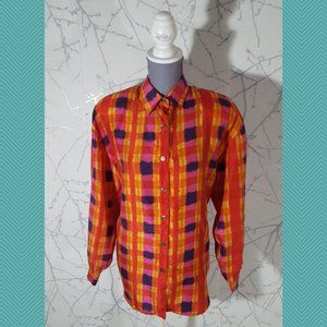 Emblem VTG Orange Watercolor Checks 100% Silk Button Front Shirt